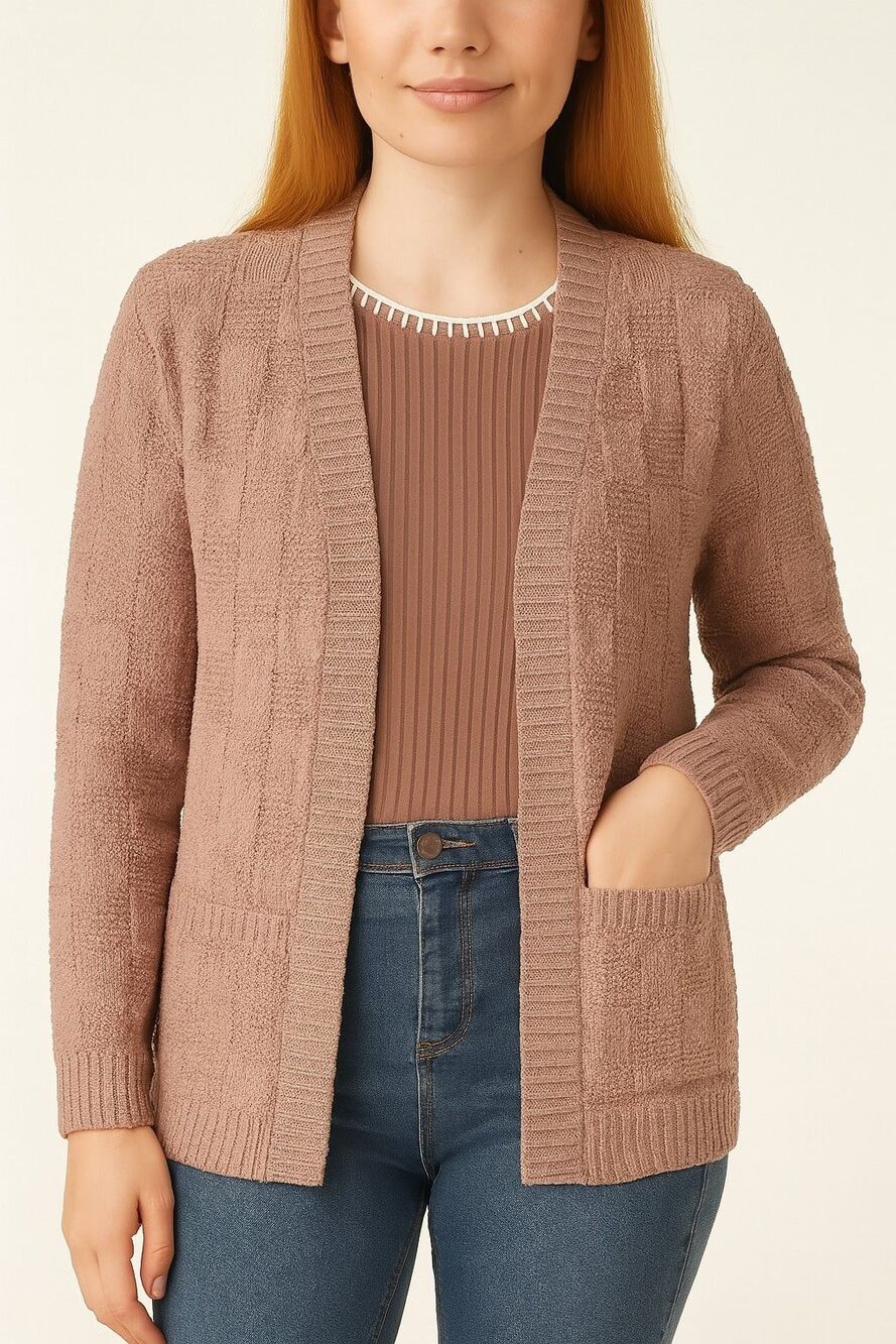 New Pretty Beige/Rose Cardigan With Checkered Weave, Size Large